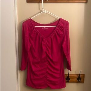New York and Company hot pink ruched top with 3/4 length sleeves size Large